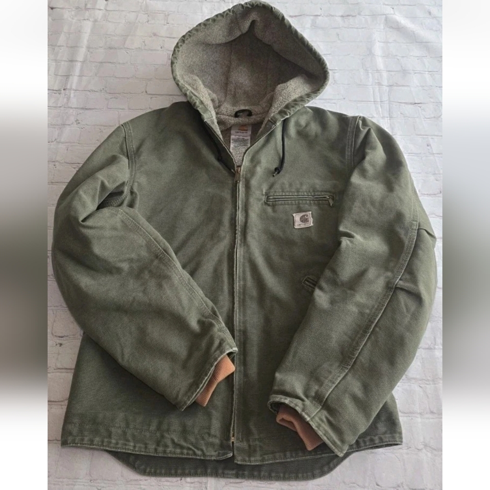 Vtg Carhartt J141 LOV Green Canvas Sherpa Lined Full-Zip Hooded Jacket S Petite